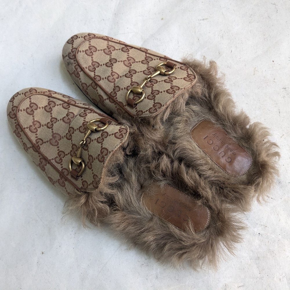 Gucci Princetown Loafers 8.5 Monogram Logo GG Fur - Picture 7 of 11